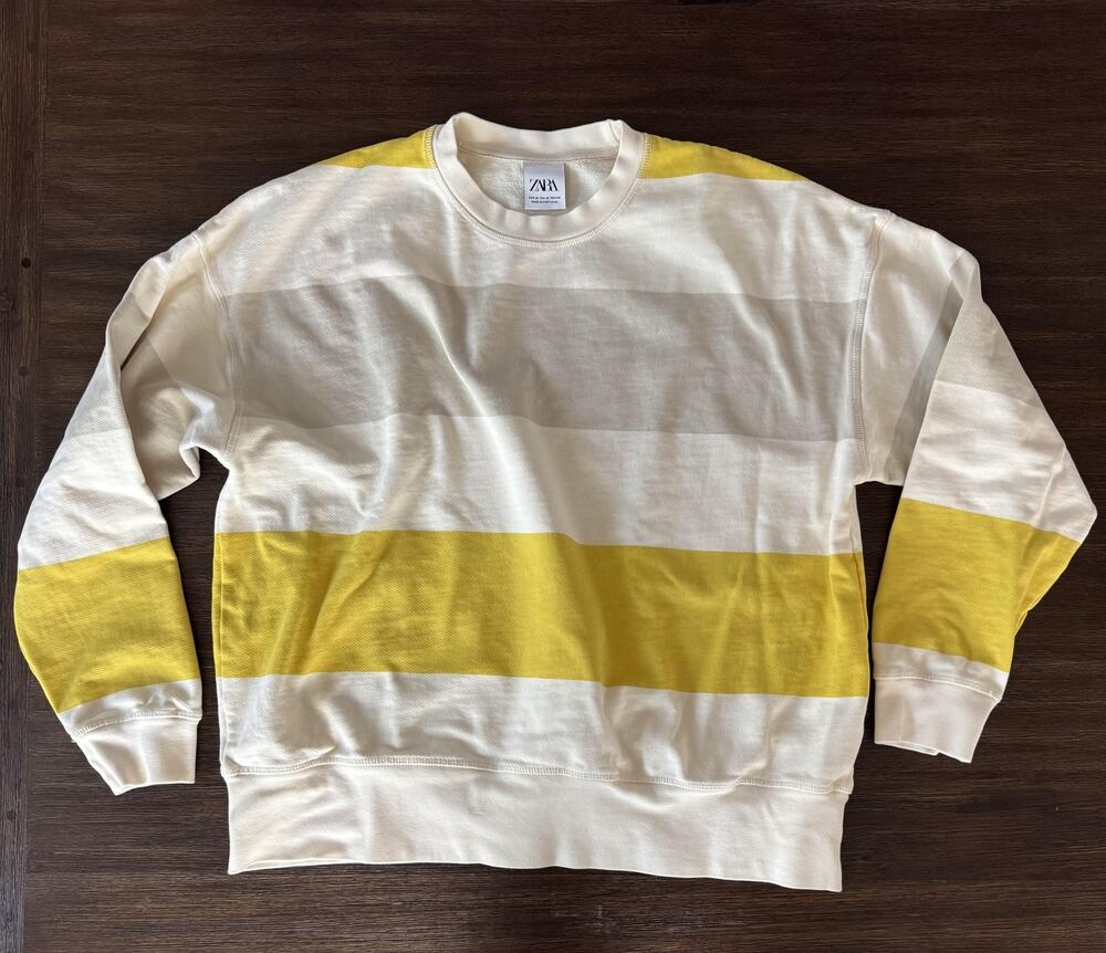 Zara French Terry Sweatshirt Womens Medium Yellow Stripe Pullover Boat Coastal